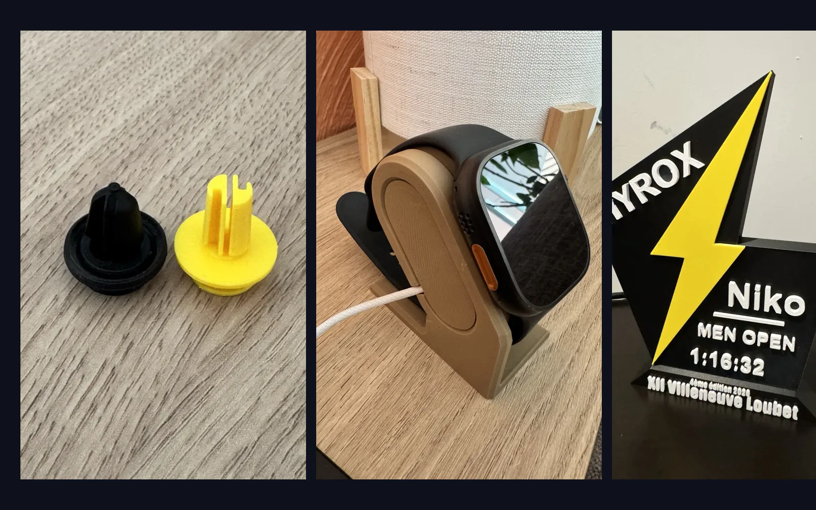 Clip Tesla avant/après, support de charge Apple Watch et trophée personnalisé imprimés en 3D