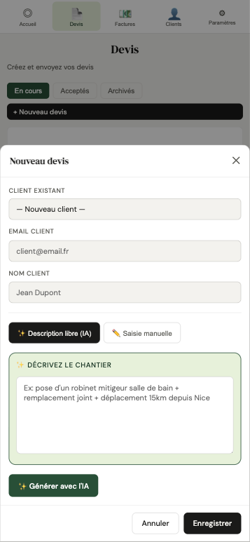 Capture interface de génération de devis pour artisan