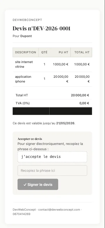 Page de signature du devis sur mobile